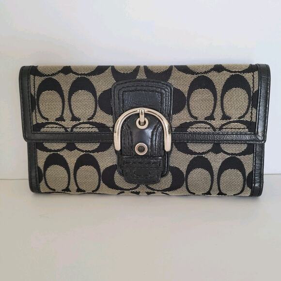 Coach Buckle Signature Clutch Wallet Large Logo Canvas Leather Black Trifold - Picture 1 of 12